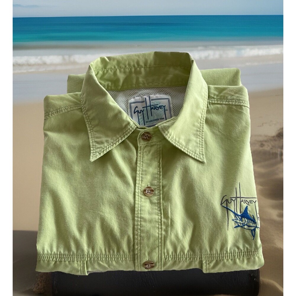 Guy Harvey AFTCO Vented Fishing Shirt Logo S/S Embroidered Green Mens Sz Medium - Picture 14 of 14